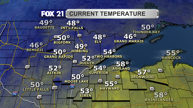 Temperatures in the Northland just before 2 p.m. on November 4, 2024, range from 46 to 57 degrees.