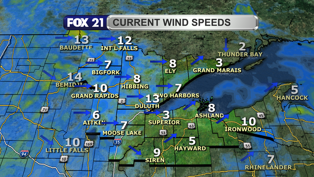 Wind speeds in the Northland just before 2 p.m. on November 4, 2024, range from 3 to 13 mph.  Wind direction is primarily from the west and southwest.