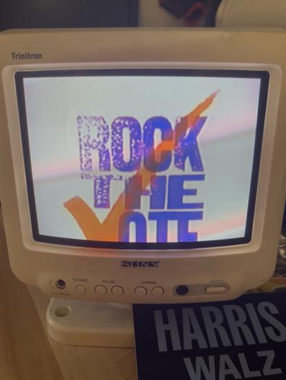 Sony Trinitron 9in CRT displaying "Rock the Vote" title card from a 1990 MTV PSA