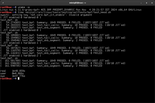 Grsecurity 6.11.6 kernel eBPF selftest results: 1m48s