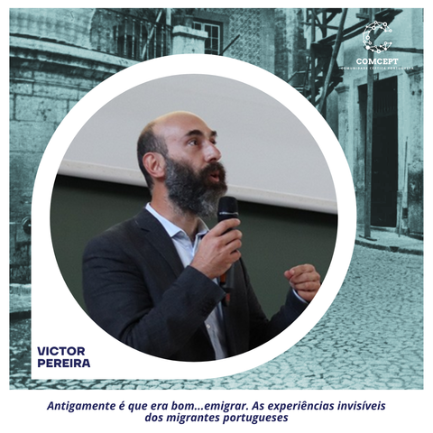 Fotografia do Victor Pereira e título da sua intervenção: "Antigamente é que era bom... emigrar. As experiências invisíveis dos migrantes portugueses"