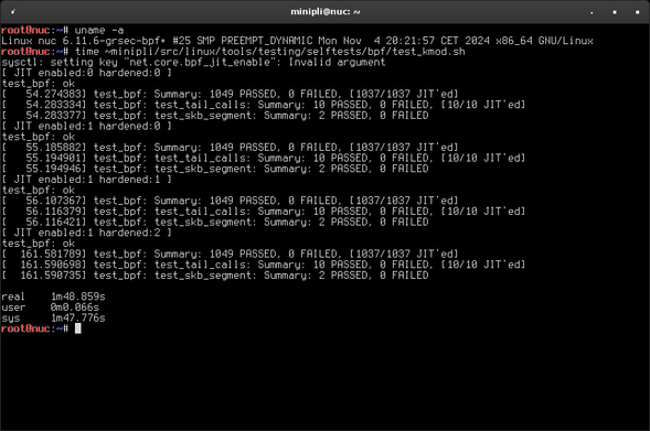 Output of running the same test_kmod.sh on grsecurity for Linux v6.11.6, showing a runtime of 1m 48s and no failed tests.