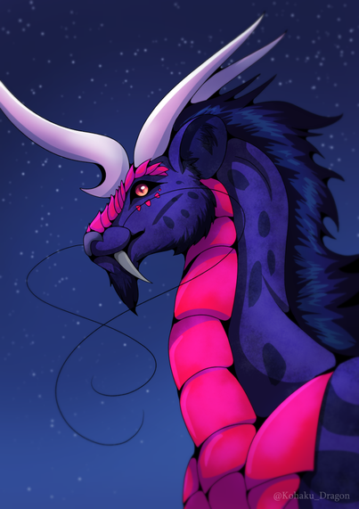 a blue and red dragon looking at the night sky