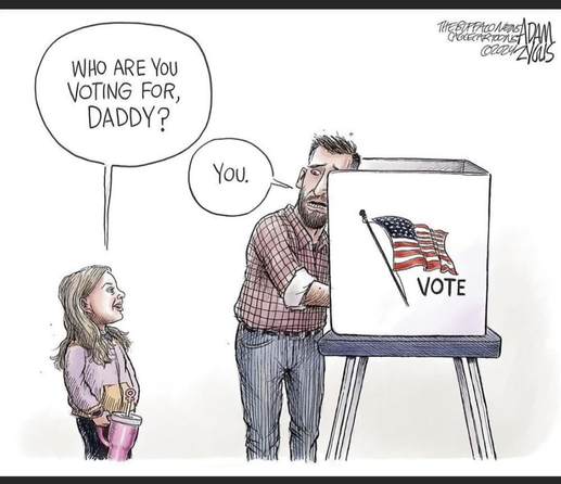 Girl asks her father standing at a polling booth who he's voting for. He replies "You"