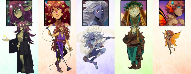 A lineup of characters released in this art set, each showing their fullbody are and portraits. The characters are all fey in origin, each with their own otherworldly qualities.
