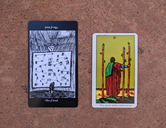 The Three of Wands from the Elsewhere Tarot, showing a rough, sketchy drawing of a figure looking up at a large diagram, that looks a bit like an evidence board in a detective show, and has words and phrases on it like “observe,” “I’m so sorry, “Yes,” and “No”, alongside the Three of Wands from a janky, bootleg RWS deck, showing a well dressed dude looking out at the ocean.