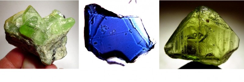échantillons de péridot, de ringwoodite et d’olivine (Sources : Rob Lavinsky [CC BY-SA 3.0] via Wikimedia Commons, Jasperox [CC BY 3.0] via Wikimedia Commons et Aomai [CC BY 3.0] via Wikimedia Commons).