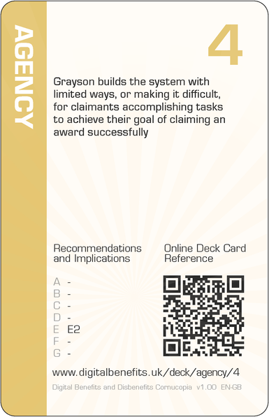 Image of the DBD Cornucopia Four of Agency card with text 'Grayson builds the system with limited ways, or making it difficult, for claimants accomplishing tasks to achieve their goal of claiming an award successfully'