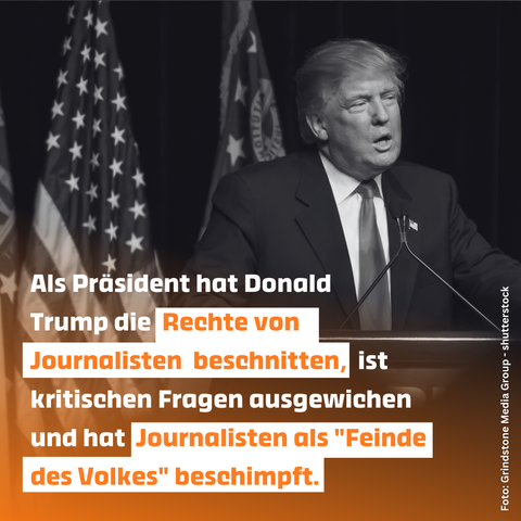 Donald Trump spricht auf einem Podium vor Amerikaflaggen.
Text: Als Präsident hat Donald Trump die Rechte der Journalisten in Washington beschnitten, ist kritischen Fragen ausgewichen und hat Journalisten als "Feinde des Volkes" beschimpft.