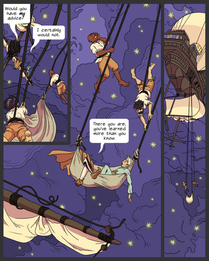 panel 1: two skymen on rope tethers, holding a hammock on long ropes that trail above them, drop toward the floating mast where Denumar floats tethered and Lemuel stands and waves. Denumar: Would you have my advice? Lemuel: I certainly would not.
panel 2: Lemuel and Denumar are in the hammock and being raised up. The two skymen hang onto the ropes. One calls upward, the other checks the safety of the rescued parties. Denumar: There you are, you've learned more than you know.
panel 3: a ship is visible above. The hammock and the two skymen are being hauled up and aboard.
