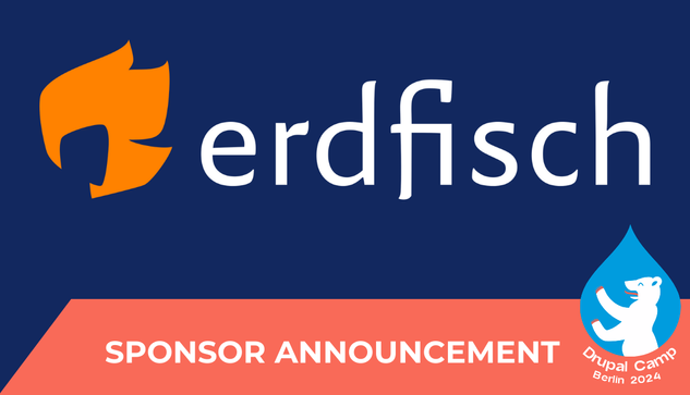 A sponsor announcement for Drupal Camp Berlin 2024 featuring the logo "erdfisch" with an orange icon on a dark blue background. The Drupal Camp Berlin 2024 logo is in the bottom right corner, and the text at the bottom reads "Sponsor Announcement."