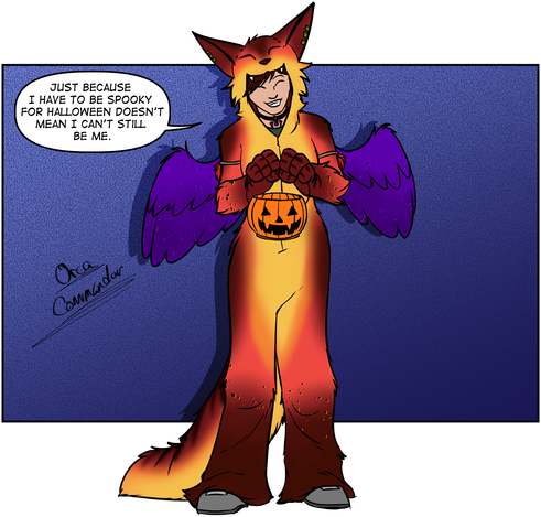 Human Amara wearing an Anthro Amara halloween Costume. She is saying she may be spooky right now but she is still her