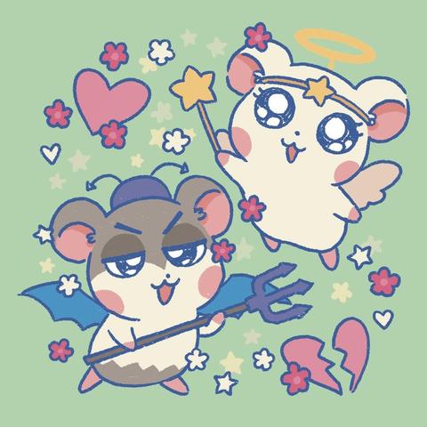 Harmony and Spat, two cartoon hamster angel and alien. Harmony is white with angel wings, halo, and magic wand: Spat is a white with a semi gray head and bottoms, bat wings, a hat with antenna, and pitchfork. Around them are decorative magenta and white flowers; a full heart and broken heart; and stars.