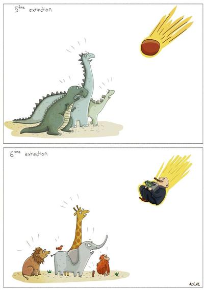 Cartoon in two panels
The upper panel, labelled “5th extinction” shows a group of fearful dinosaurs looking up at an approaching meteor.

In the lower panel, labelled “6th extinction”, the dinosaurs are replaced by modern animals also looking up fearfully, but this time the meteor is replaced by a fat, wealthy man, smoking a large cigar and clutching a bundle of money.