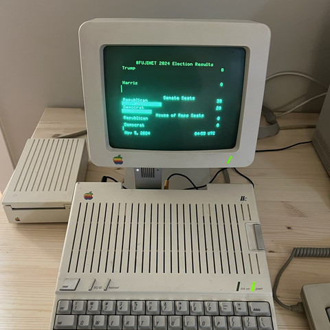 Apple IIc running “#FUJINET 2024 Election Results” with spots for Trump, Harris, Republican & Democrat Senate and House seats.