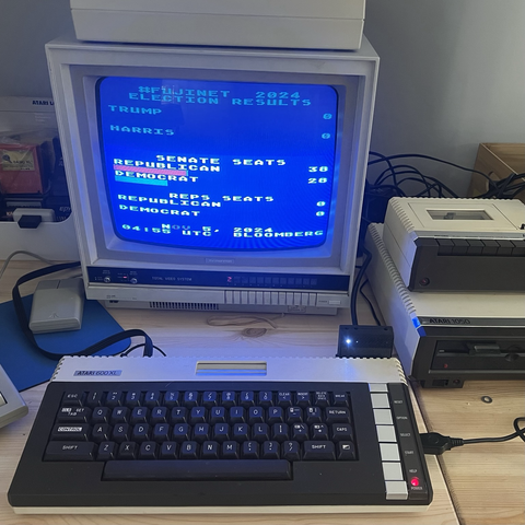 Atari 600XL running “#FUJINET 2024 Election Results” with spots for Trump, Harris, Republican & Democrat Senate and House seats.