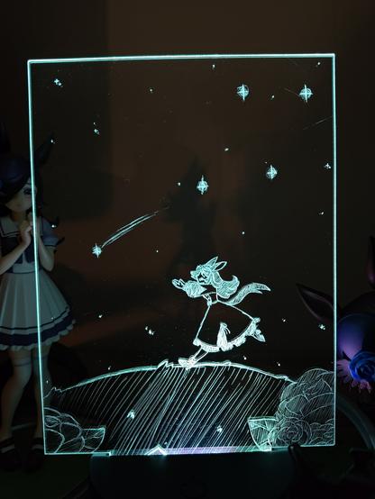 Une plaque en plexiglas gravée et illuminée. La plaque est transparente, et gravée de manière à ce que la lumière LED venant d'en dessous "allume" le dessin. L'illustration montre le personnage de Rice Shower, courant après une étoile filante, essayant de l'attraper. Le ciel est dégagé et étoilé, le sol est très arrondi, comme sur une mini-planète. En bas et sur les côtés, quelques supers roses.