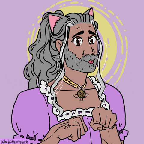 Another catboy Ed, but this one is wearing a pink dress with puffy sleeves and a lace neckline. His hair is up in a ponytail with two slut strands framing his face. His eyes are extra sparkly and he is doing that blep thing cats do where the tip of their tongue is sticking out. His hands are up, balled into fists in a gesture meant to imitate paws.