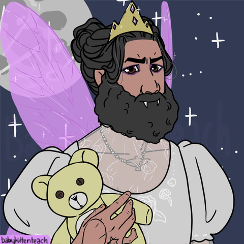 Vampire fairy princess Ed. His hair, which is tied into a bun, is still black because he is a vampire and doesn't age. He is wearing a little golden crown and he has translucent pink fairy wings. His vampire teeth are sticking out over his long, bushy beard. His eyes are lined in purple and his eyebrows are drawn together in a frown. He is wearing a white dress with puffy sleeves and white embroidered roses, and is clutching a teddy bear to his chest with one hand.