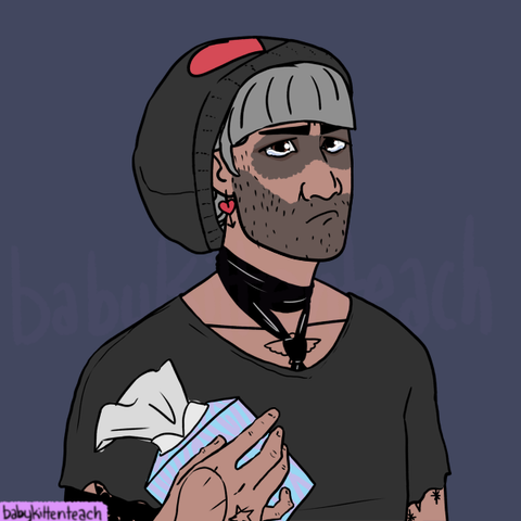 Emo kid Ed. All that is left of his beard is a bit of stubble, over which he has smeared black face paint or kohl. His eyes are welling with tears, and the black makeup smeared around them makes him look like a sad raccoon. His hair is hidden under a black beanie, except for his fringe. His earring is a red heart pierced by a black spear, and he is wearing Stede's black cravat paired with a black t-shirt with slightly torn sleeves. He is holding a box of tissues.