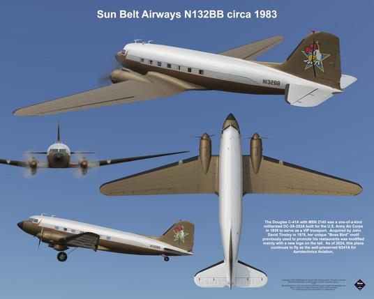 The subject of this art piece is the Douglas C-41/DC-3 VIP transport aircraft as it appeared in 1983 while flown by Sun Belt Airways, identified as N132BB.  Artwork and texts Copyright (c) 2017-2024 Robert W. Heyen d/b/a dcthreepainter.  All rights reserved.  Depicted trademarks are the property of their respective owners.