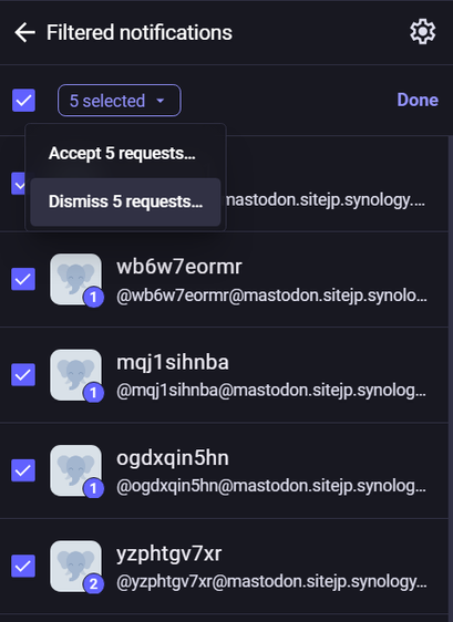 Screen shot showing five spammer / bots that I can now "Dismiss". 
You're dismissed!