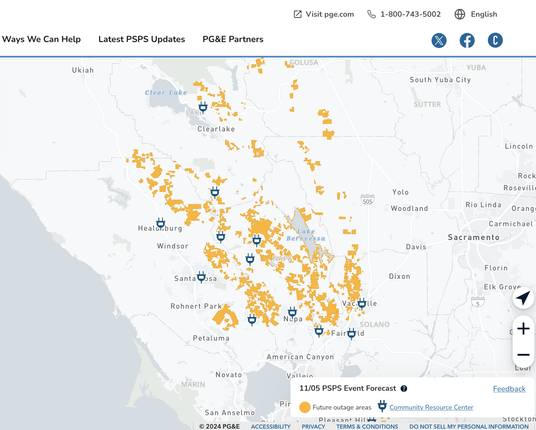 Screen shot of a PG&E map showing several California counties where power shutoffs are planned for fire safety reasons. Those areas are mapped in bright yellow, with large sections in Sonoma, Napa, Solano counties.