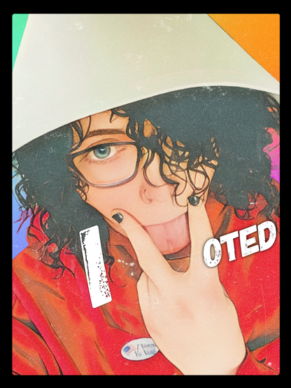 Woman in a red gown and old fashioned white head covering from the handmaids tale is making a V with her fingers over her mouth with her tongue sticking out which is the V in the text that says "I Voted"