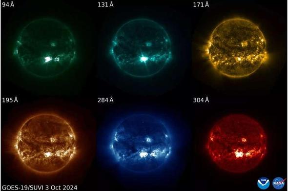 ultraviolet images of the sun with glowing corona showing a bright spot (solar flare) in the lower centre