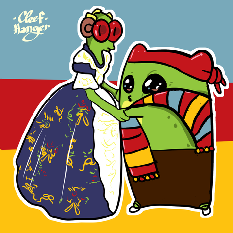 Frogencia dressed as a fallera holding hands with froggelio dressed as a fallero.
