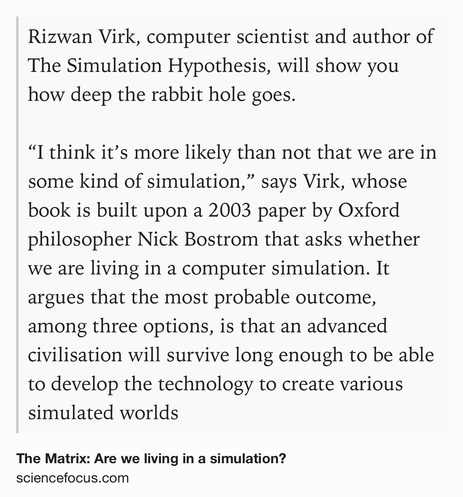 Text Shot: Rizwan Virk, computer scientist and author of The Simulation Hypothesis, will show you how deep the rabbit hole goes.

“I think it’s more likely than not that we are in some kind of simulation,” says Virk, whose book is built upon a 2003 paper by Oxford philosopher Nick Bostrom that asks whether we are living in a computer simulation. It argues that the most probable outcome, among three options, is that an advanced civilisation will survive long enough to be able to develop the technology to create various simulated worlds