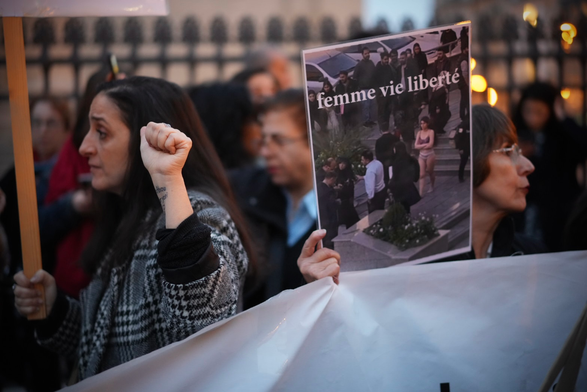 On voit 2 femmes en manifestation; la femme de gauche lève son poing gauche ; on voit qu'elle a inscrit sur son poignet gauche "Ahou Daryaei" 

La femme à droite tient une pancarte "Femme Vie Liberté"