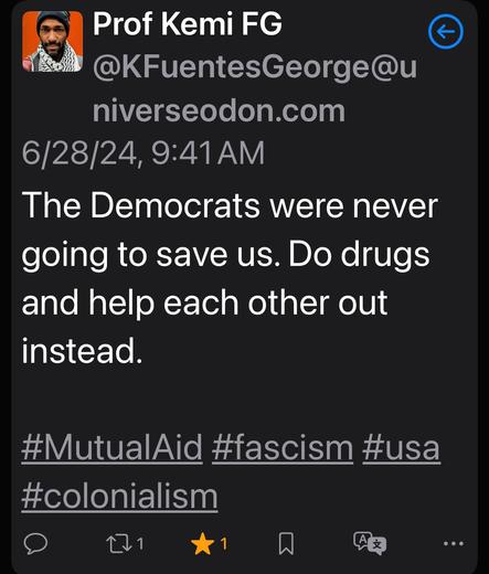 Screen shot from mastodon account prof Kemi FH. The Democrats were never going to save us. Do drugs and help each other out instead