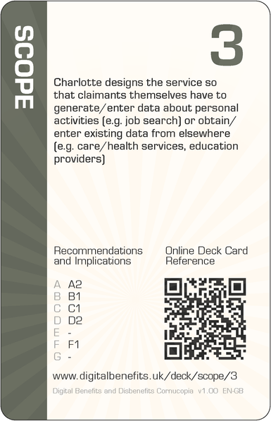 Image of the DBD Cornucopia Three of Scope card with text 'Charlotte designs the service so that claimants themselves have to generate/enter data about personal activities (e.g. job search) or obtain/enter existing data from elsewhere (e.g. care/health services, education providers)'