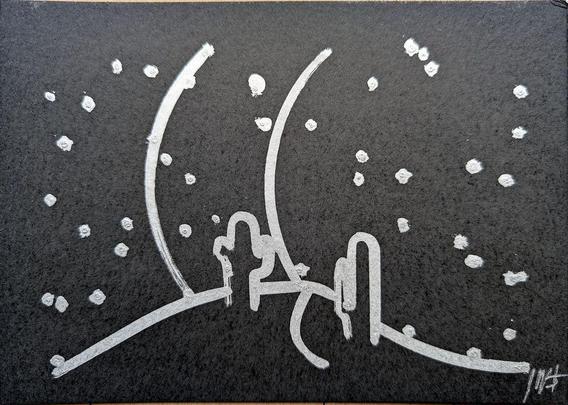 A minimalist desert scene under a moonlit sky, created using a pen plotter programmed to dip a paintbrush into silver metallic ink. The crescent moon floats above abstracted desert dunes and cacti, outlined in smooth lines. Scattered stars are represented with silver ink dabs, creating a serene, expansive night sky. The reflective quality of the silver ink against the black background evokes the calm and solitude of a desert night.  In close-up, the textured silver ink stars have a cratered, hand-painted appearance, adding dimension. The crescent moon is detailed with metallic strokes, enhancing the organic feel of the scene.  This piece meditates on the quiet of a desert night, its calm reinforced by each star and line being hand-programmed—each element unique, like every night spent under the sky.