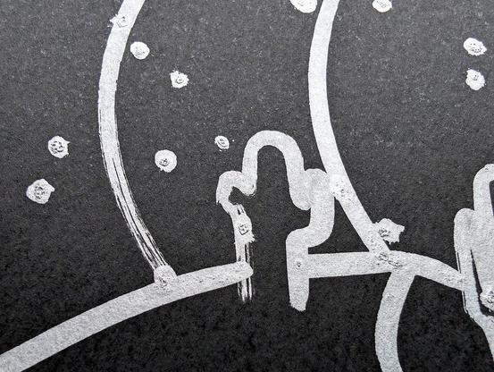 A minimalist desert scene under a moonlit sky, created using a pen plotter programmed to dip a paintbrush into silver metallic ink. The crescent moon floats above abstracted desert dunes and cacti, outlined in smooth lines. Scattered stars are represented with silver ink dabs, creating a serene, expansive night sky. The reflective quality of the silver ink against the black background evokes the calm and solitude of a desert night.  In close-up, the textured silver ink stars have a cratered, hand-painted appearance, adding dimension. The crescent moon is detailed with metallic strokes, enhancing the organic feel of the scene.  This piece meditates on the quiet of a desert night, its calm reinforced by each star and line being hand-programmed—each element unique, like every night spent under the sky.