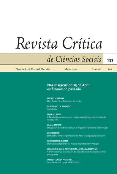 Capa da edição de Maio de 2024 da Revista Crítica de Ciências Sociais, dedicado ao tema "Nas margens do 25 de Abril: os futuros do passado".