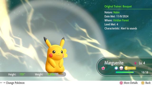 Screenshot of Pokemon Let’s Go Pokemon summery screen showing a shiny Pikachu nicknamed Marguerite