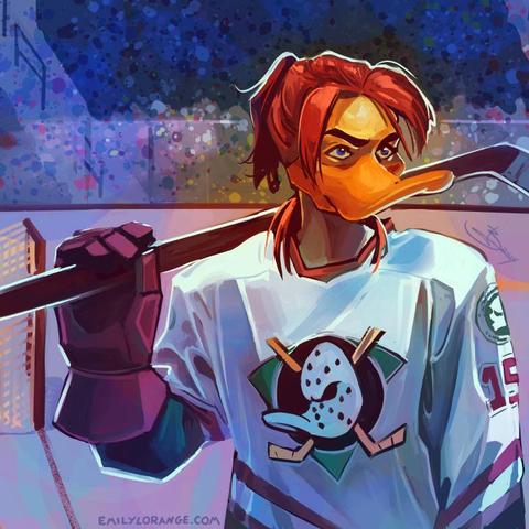 a digital painting of an anthropomorphic duck, from about the waist up. she is wearing hockey gear, most prominently a mighty ducks jersey, and her stick is slung over her shoulder. her hair is bright red, and her expression grim, looking to the right of the image. behind her can be seen abstract shapes that suggest a crowd in a stadium, as seen from the ice.