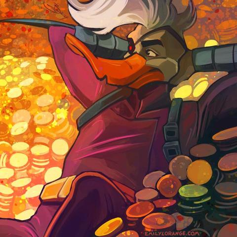 a digital painting of an anthropomorphic duck, lying back on a pile of sparkling gold coins. he's depicted from about the waist up, and has his hands clasped behind his head, looking smugly to the left of the image.