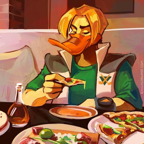 a digital painting of an anthropomorphic duck, painted from about the chest up. he is sitting in the booth of a restaurant, leaning forward on the table, with several plates of pizza surrounding him. he is holding a piece in his hand, in anticipation of a bite.