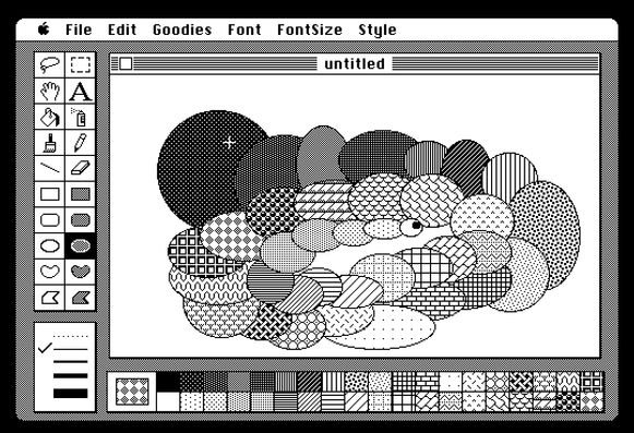 MacPaint 1.5 monochrome patterns filling many ovals.