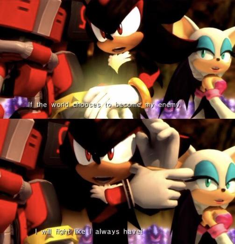 Screenshots of Shadow in Sonic the Hedgehog (2006) saying “If the world chooses to become my enemy, I will fight like I always have!”