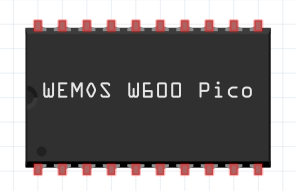 A top down diagram of a 20 pin silicon chip. It has a text label WEMOS W600 Pico, which refers to a micro-controller board of the same name which also happens to have 20 pins but looks nothing like this. Fritzing (an electronics layout toy) has a truly terrible parts creation process