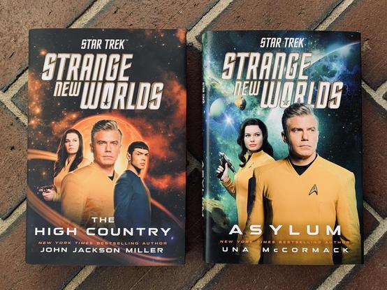 Pictured are hardback copies of the first two Star Trek: Strange New Worlds novels, The High Country by John Jackson Miller (with cover art featuring Christopher Pike, Una Chin-Riley, and Spock), and Asylum by Una McCormack (with cover art featuring the Captain and Number One). Both books rest on a brick surface.
