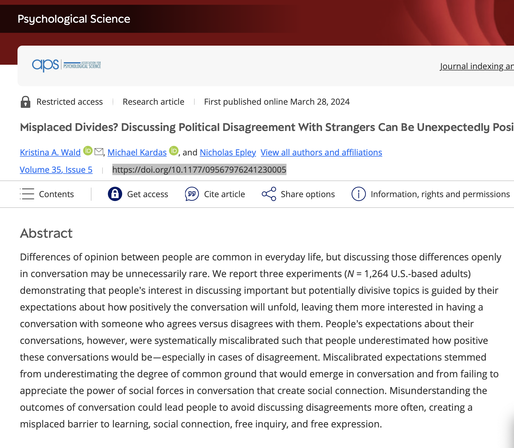 Screenshot of the title, authors, and abstract for "Misplaced Divides? Discussing Political Disagreement With Strangers Can Be Unexpectedly Positive" (2024)