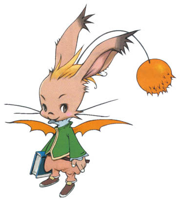 Mont Blanc from Final Fantasy Tactics Advance and 13. He is an anthro rabbit boy with an antenna ending in a fluffy orange ball. He has orange bat wings and is holding a book.