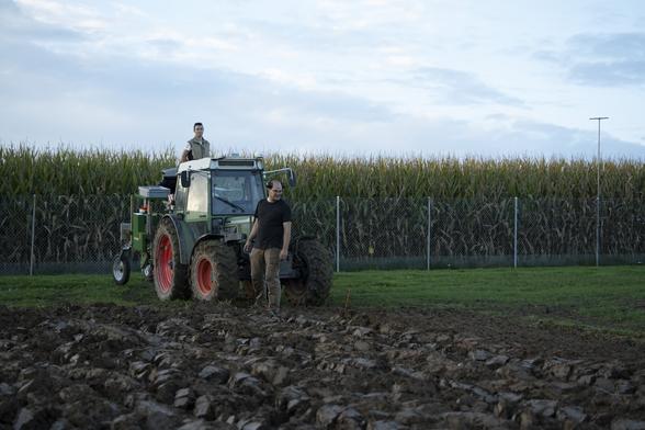 Simon and Florent sowing single rows