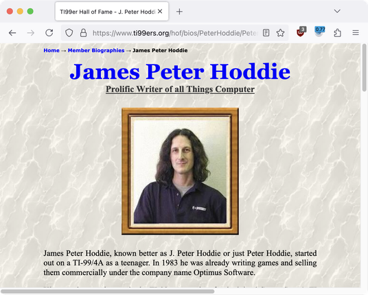 Screenshot of the TI/99 Hall of Fame website featuring a photo and short biography of Peter Hoddie.