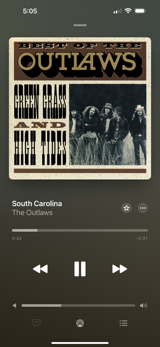A screenshot from the iOS Music app. “South Carolina” by The Outlaws is playing.